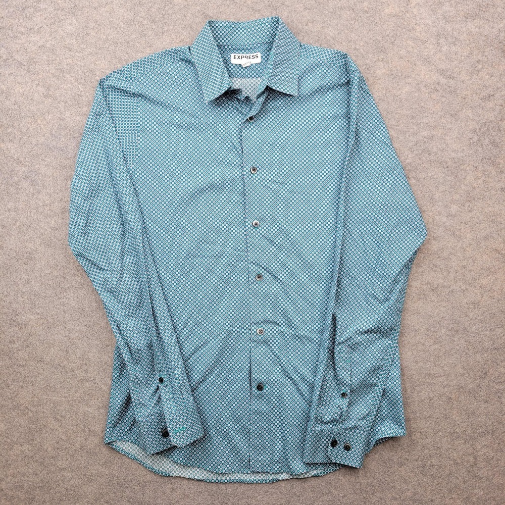 Express Shirt Mens Medium 15-15.5 Blue Geometric Extra Slim Cotton Long Sleeve